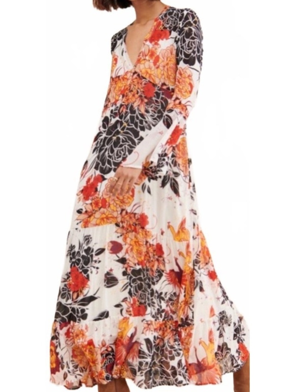 Free People Moroccan Roll Maxi Dress XS Floral Bell Sleeve Boho Tiered